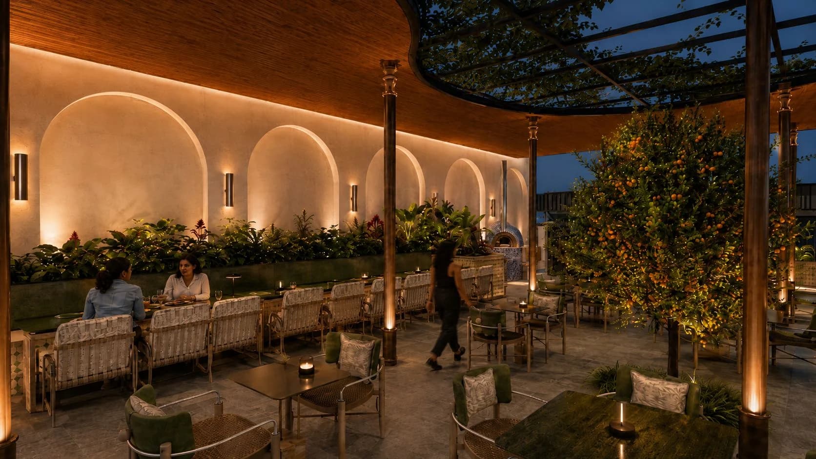 Architectural render of the proposed Pool Veranda evening seating at Le Roma Gardenia