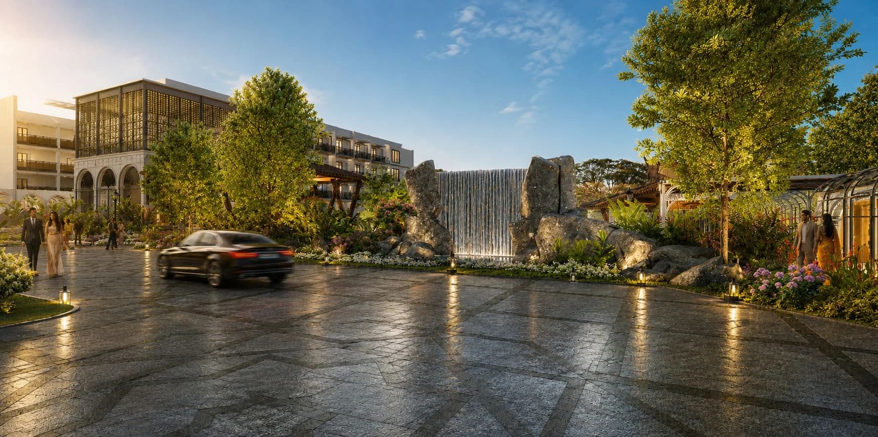 Architectural render of the proposed Waterfall arrival court at Le Roma Gardenia